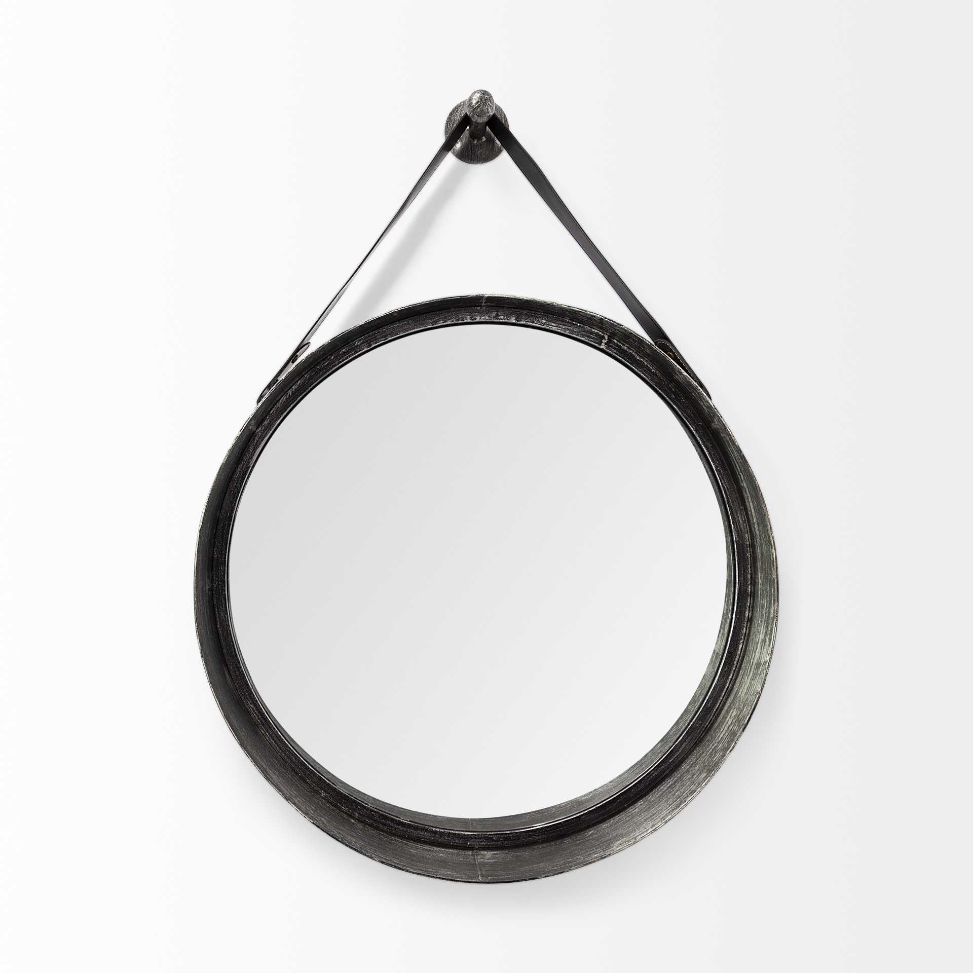 30" Round Black Metal Frame Wleather Strap Wall Mirror