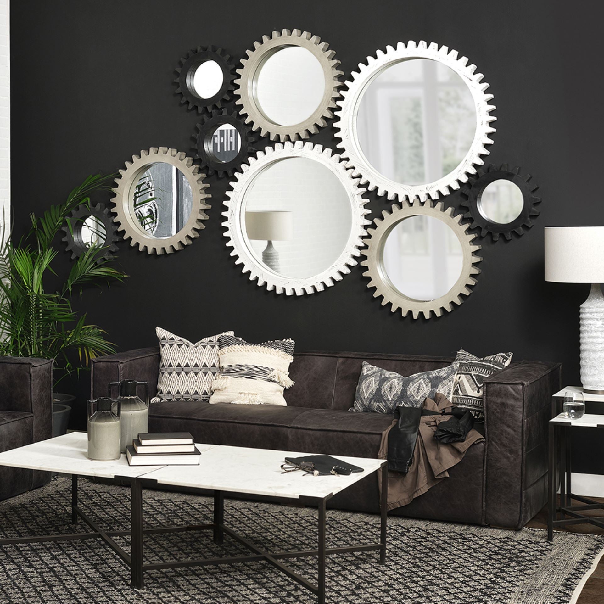 Cog 17" Round Black Wood Frame Wall Mirror