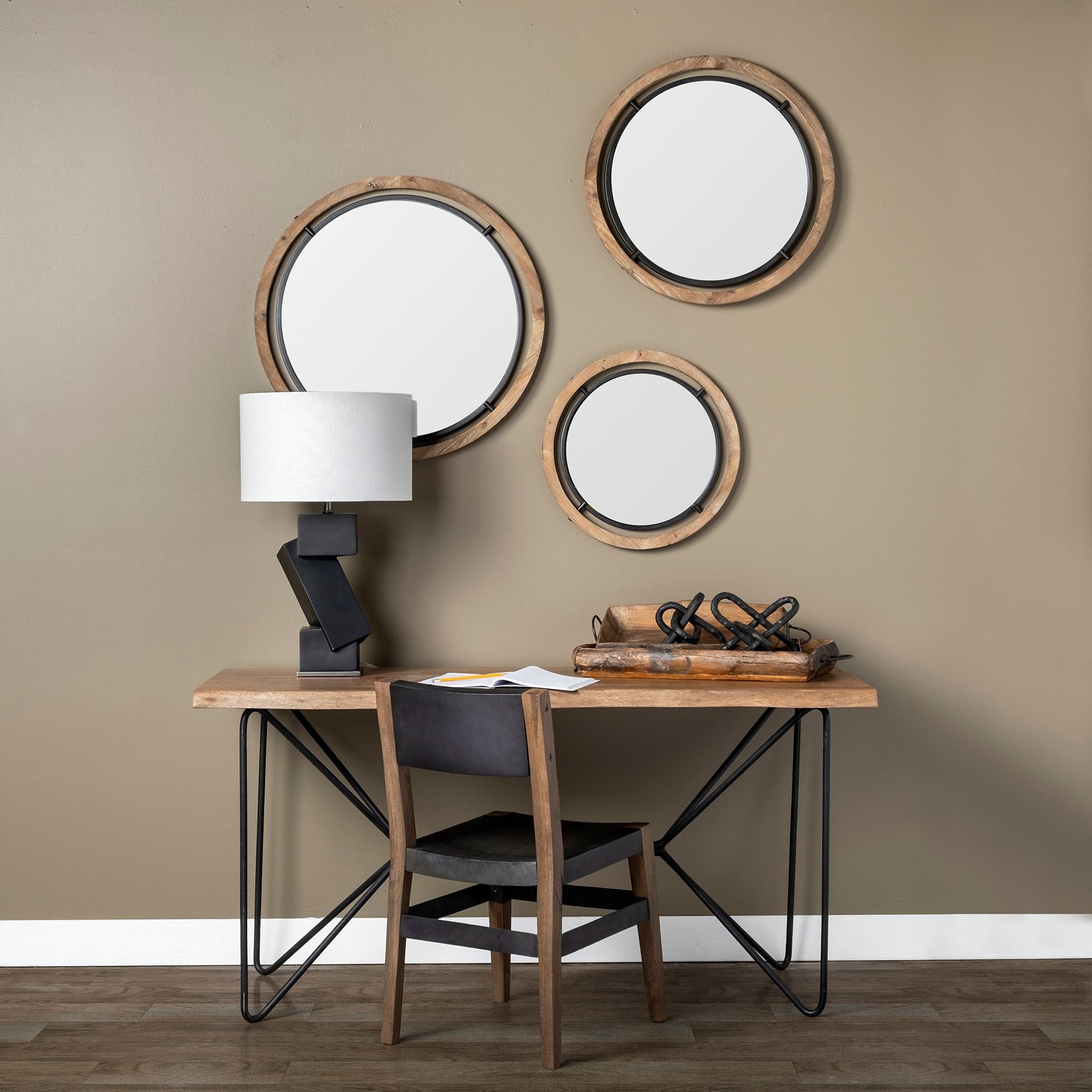 24" Brown Wood And Black Metal Double Frame Wall Mirror