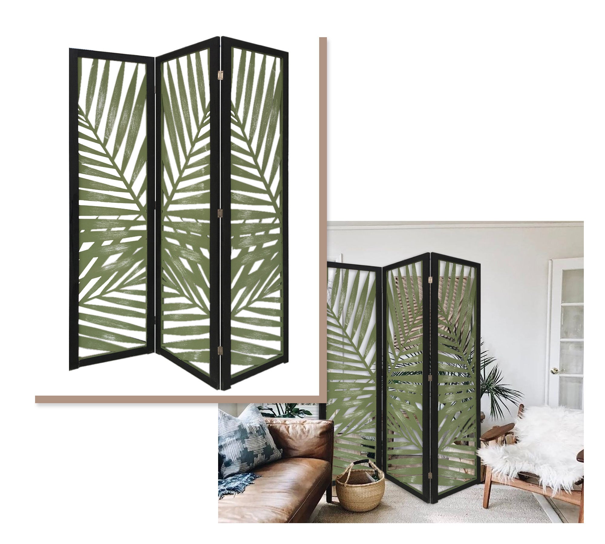 3 Panel Green Room Divider With Tropical Leaf