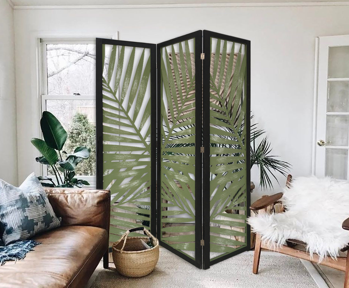 3 Panel Green Room Divider With Tropical Leaf