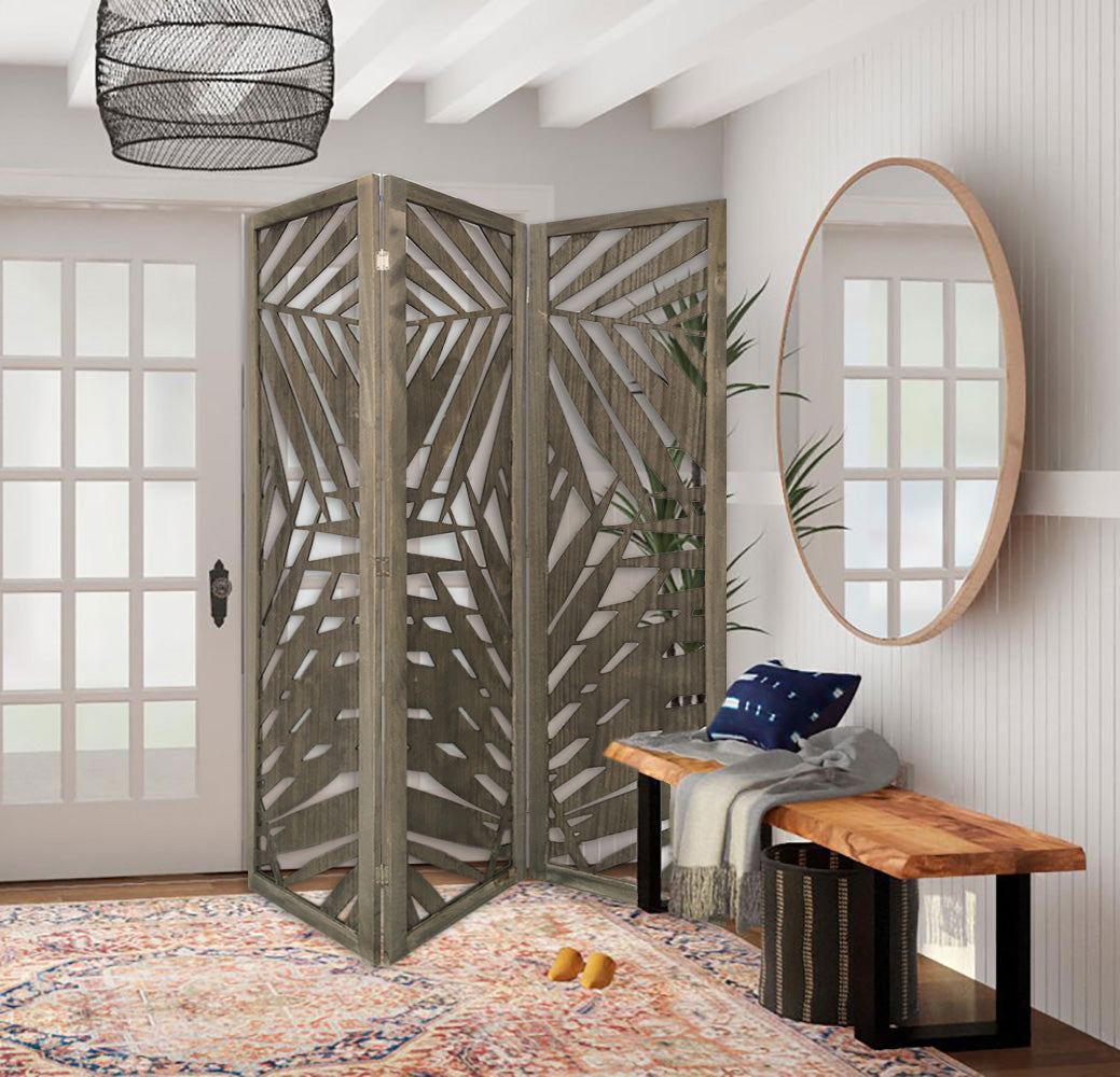 3 Panel Grey Room Divider With Tropical Leaf