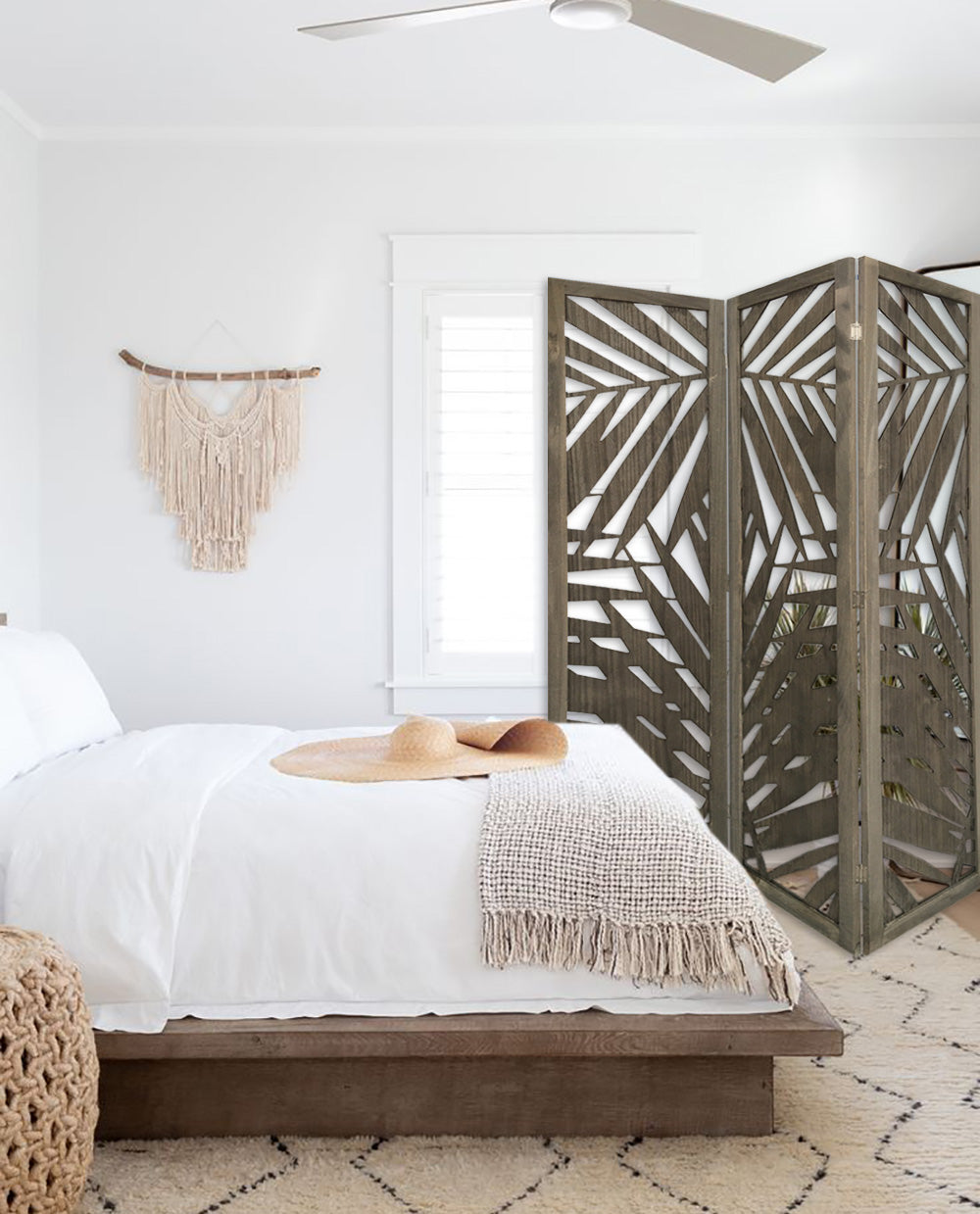 3 Panel Grey Room Divider With Tropical Leaf