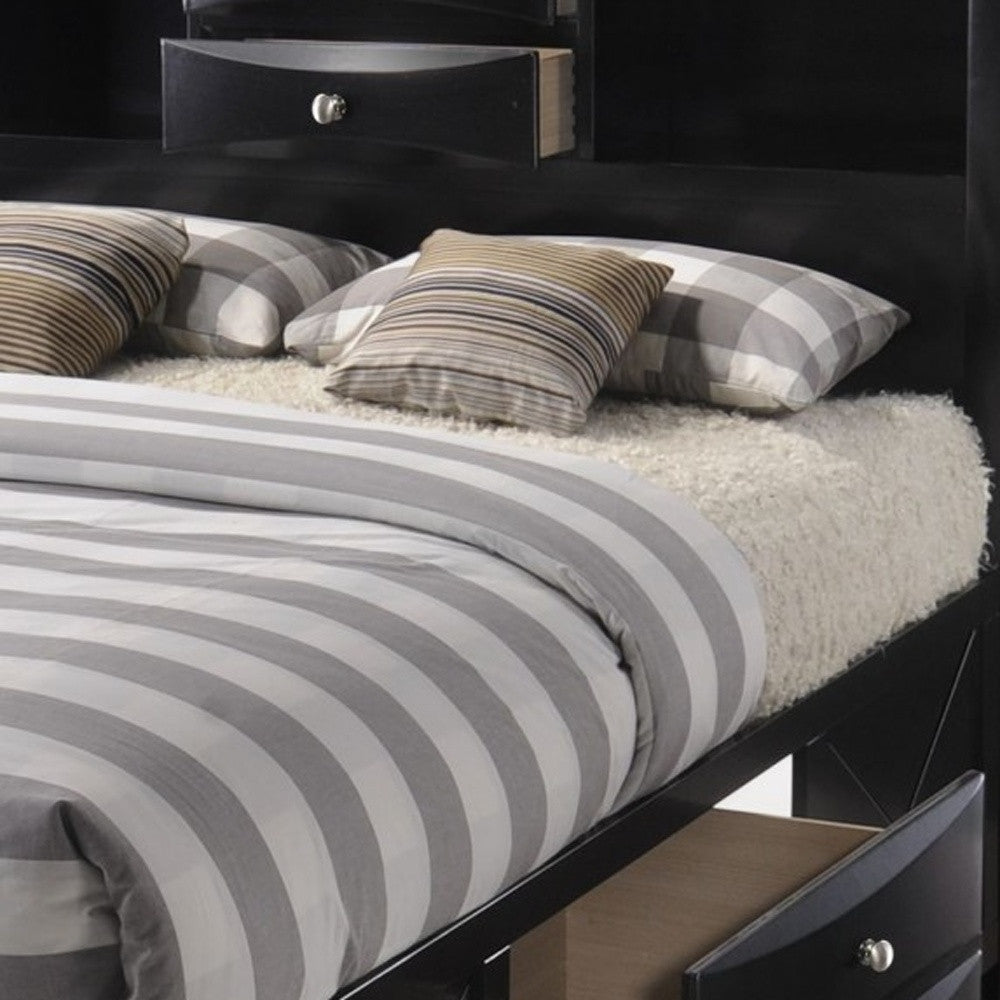 Black  Multi-Drawer Wood Platform  Full Bed With Pull Out Tray