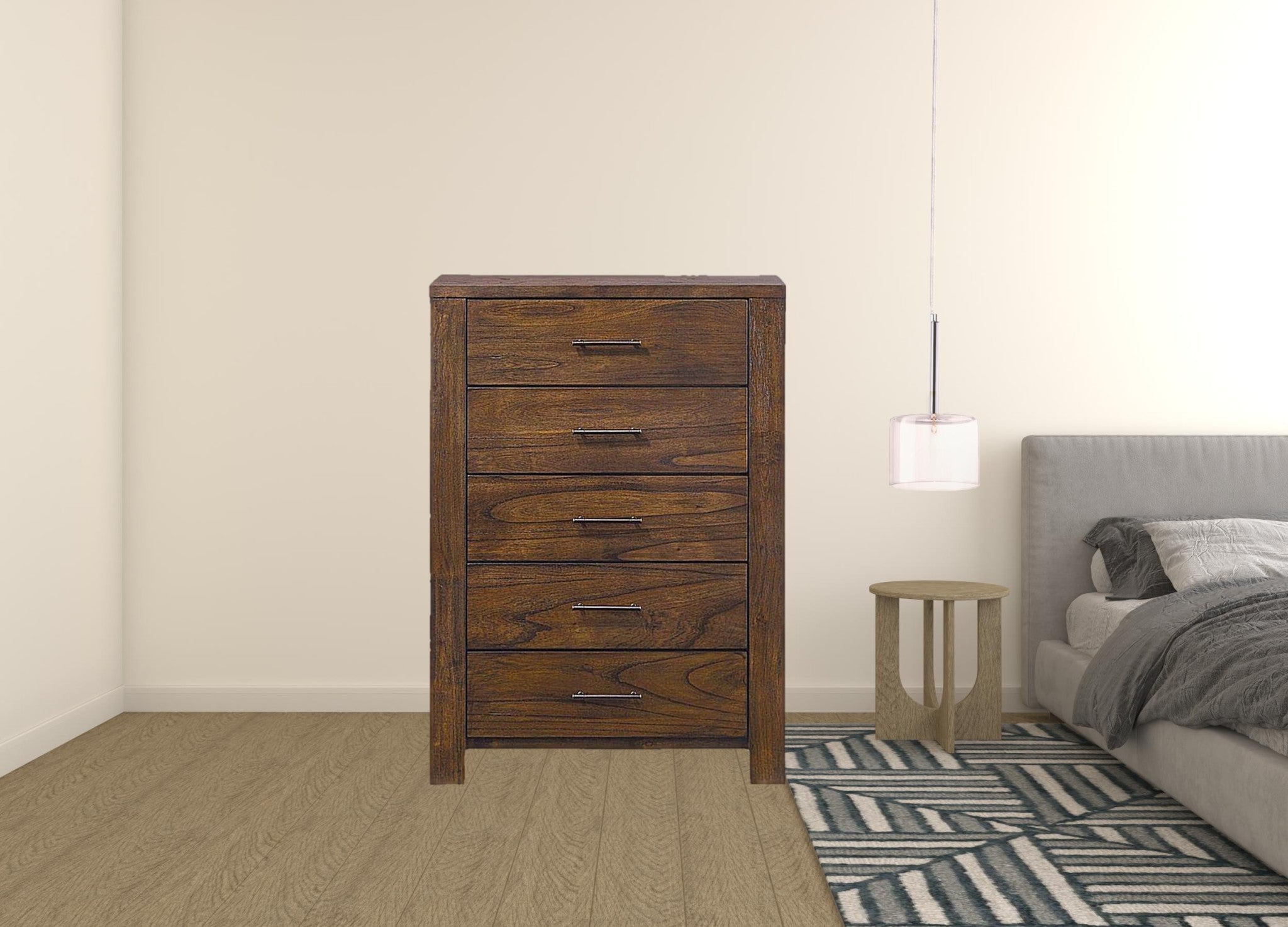 48" Oak Finish 5 Drawer Chest Dresser With Brass Metal Hardware