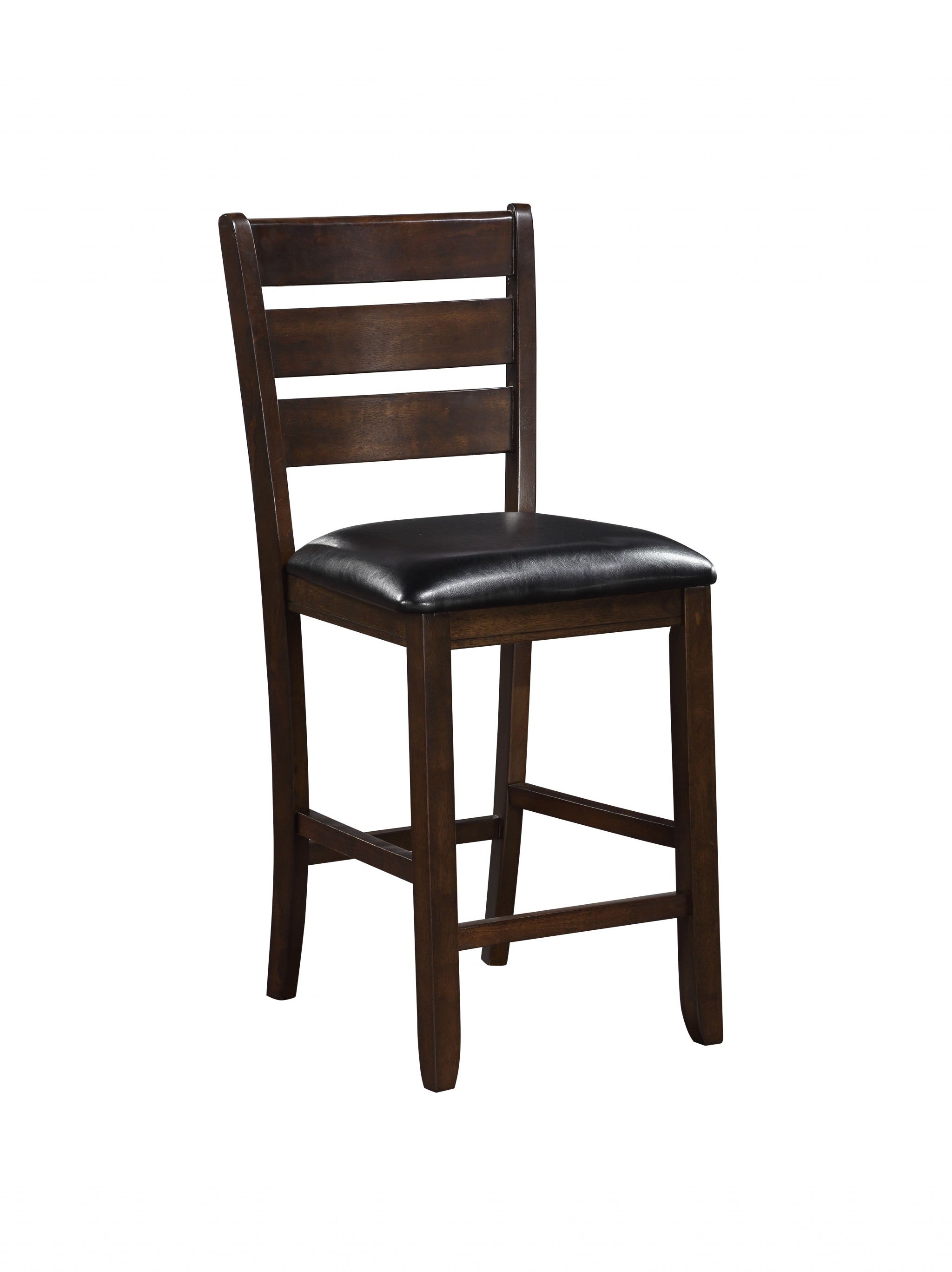 Set Of 2 41" Dark Wood Finish And Black Faux Leather Ladder Back Counter Height Chairs