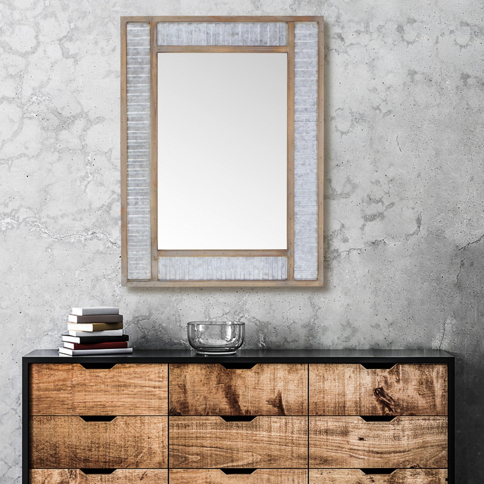 Modern Farmhouse Rectangular Wood And Galvanized Metal Wall Mirror