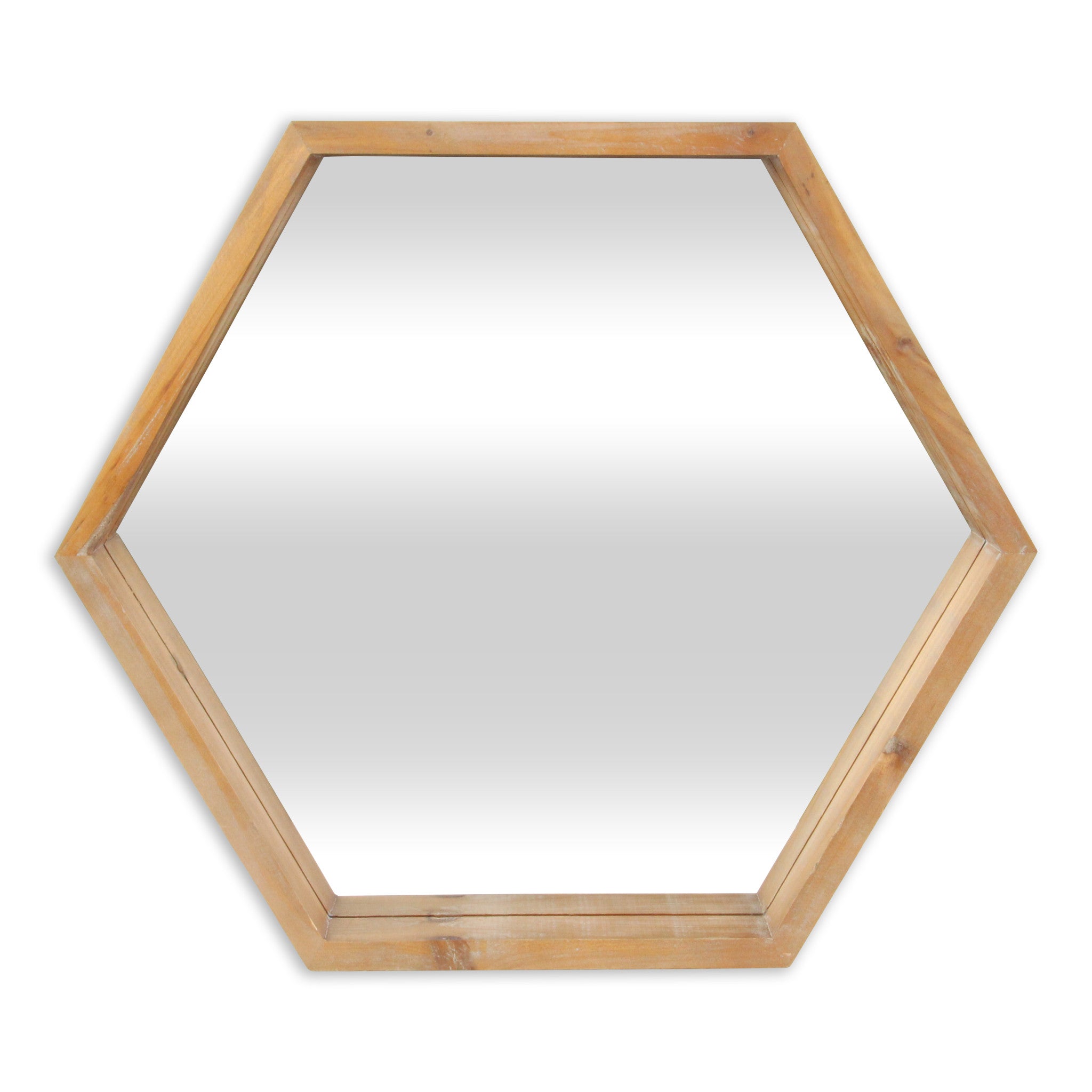 Modern Natural Wood Finish Hexagonal Wall Mirror