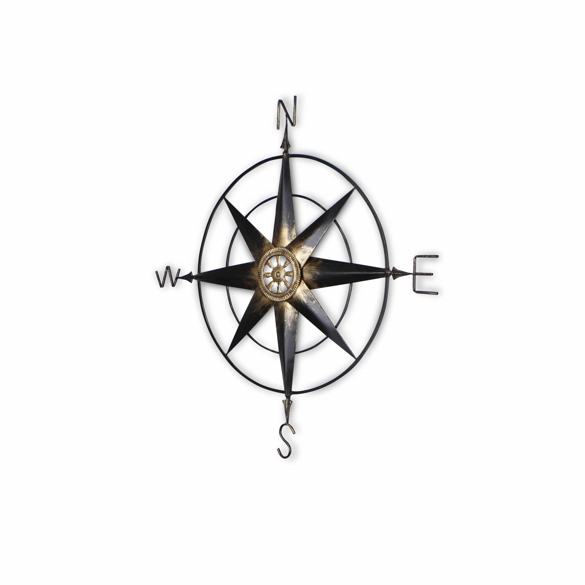 Black Metal Wall Decor Compass With Gold Center Accents