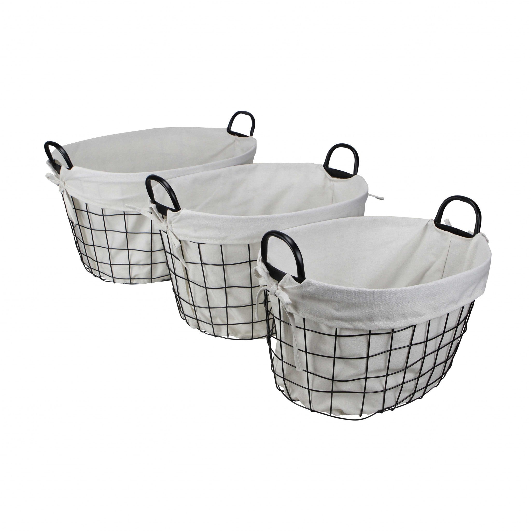 Set Of 3 Oval White Lined And Metal Wire Baskets With Handles