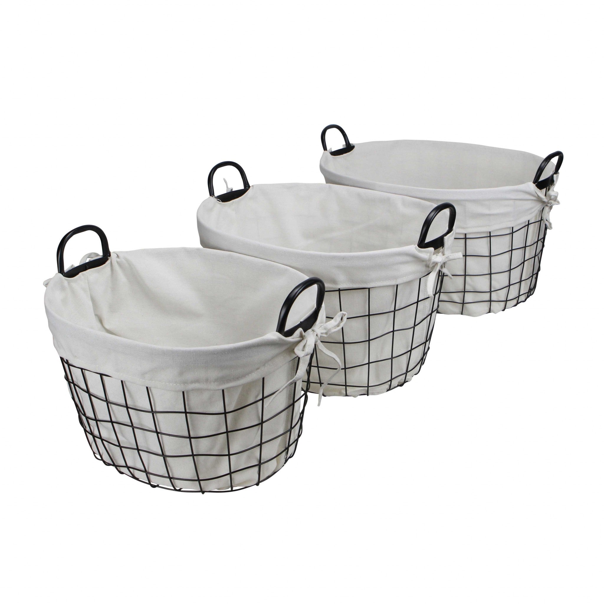 Set Of 3 Oval White Lined And Metal Wire Baskets With Handles