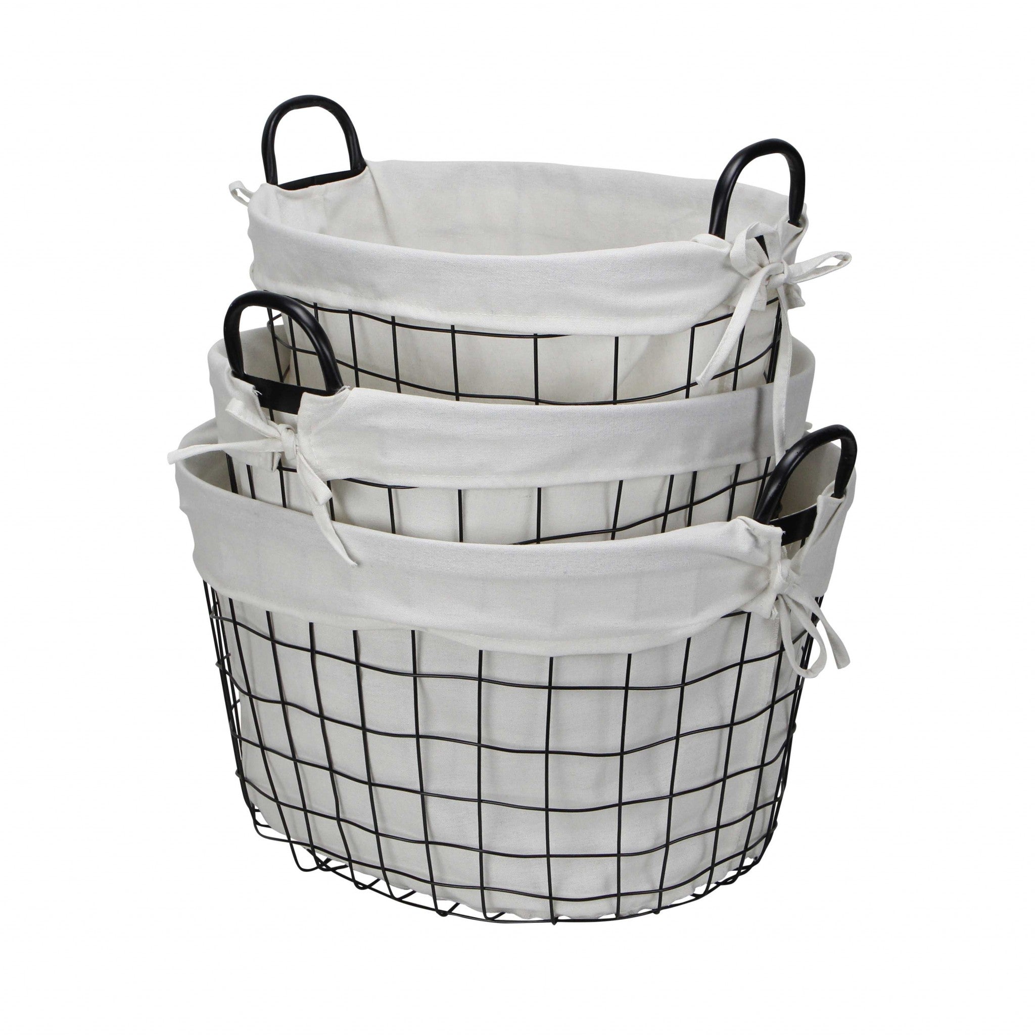 Set Of 3 Oval White Lined And Metal Wire Baskets With Handles