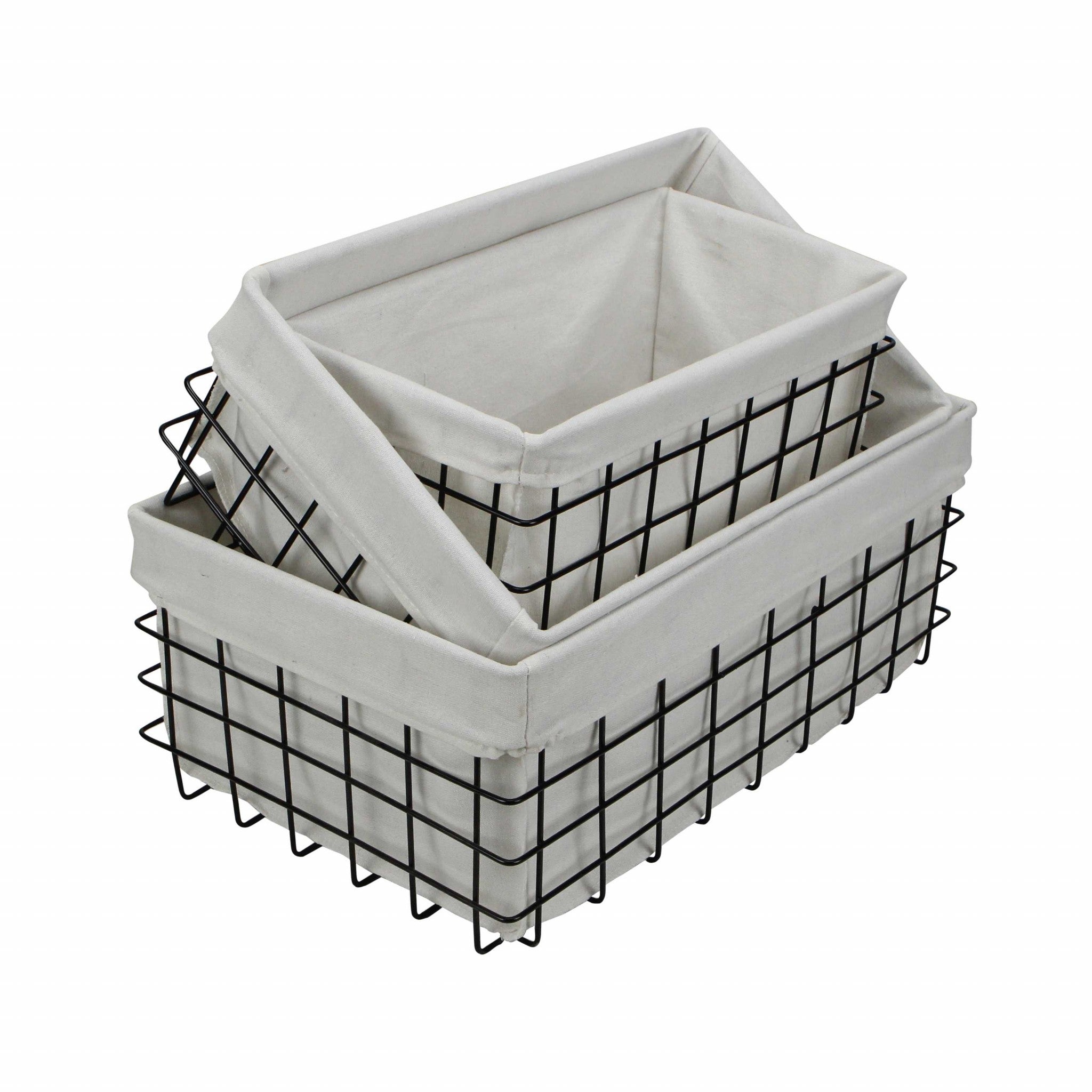 Set Of 3 Rectangular White Lined And Metal Wire Baskets