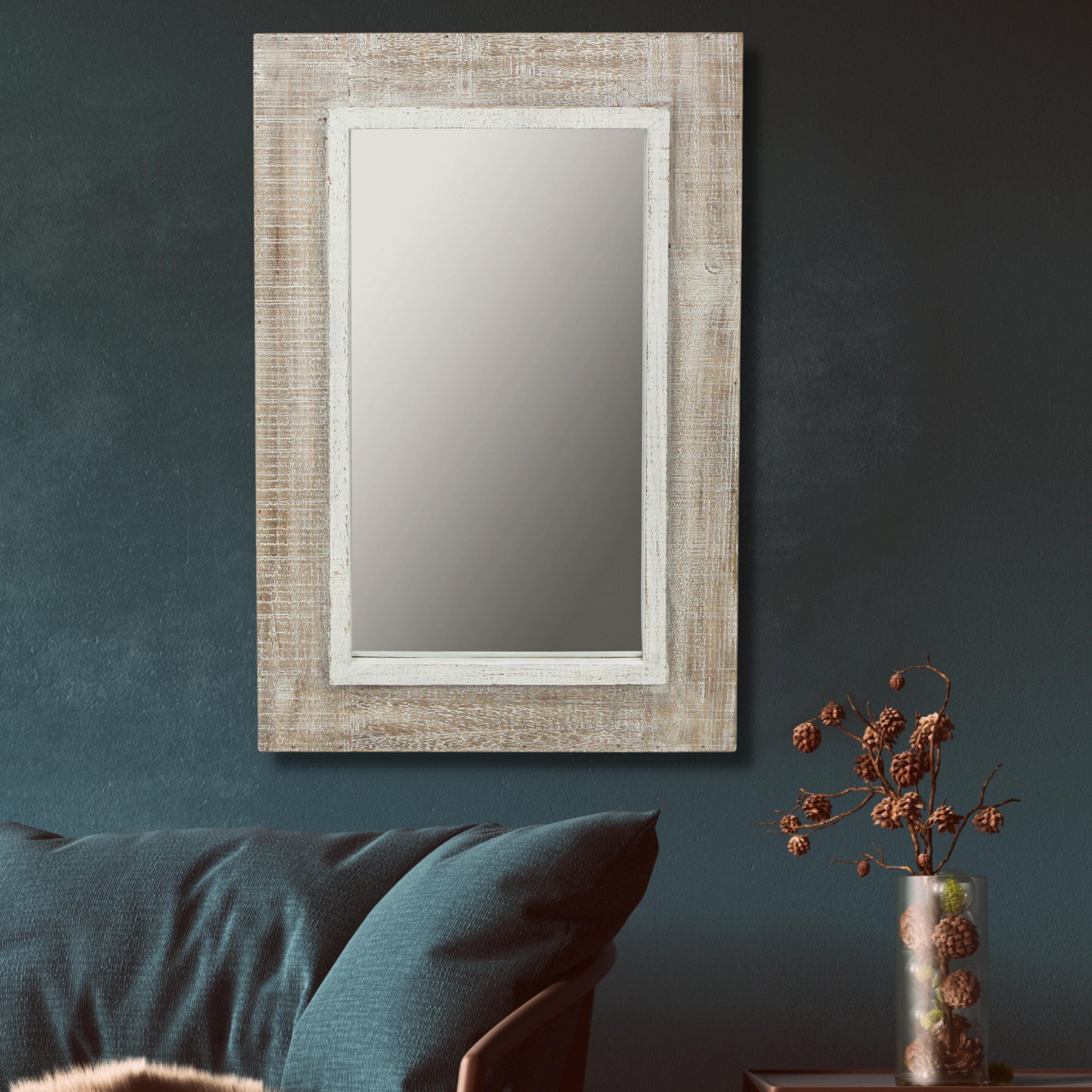 Rectangular Rustic White Wash Finish Wall Mirror