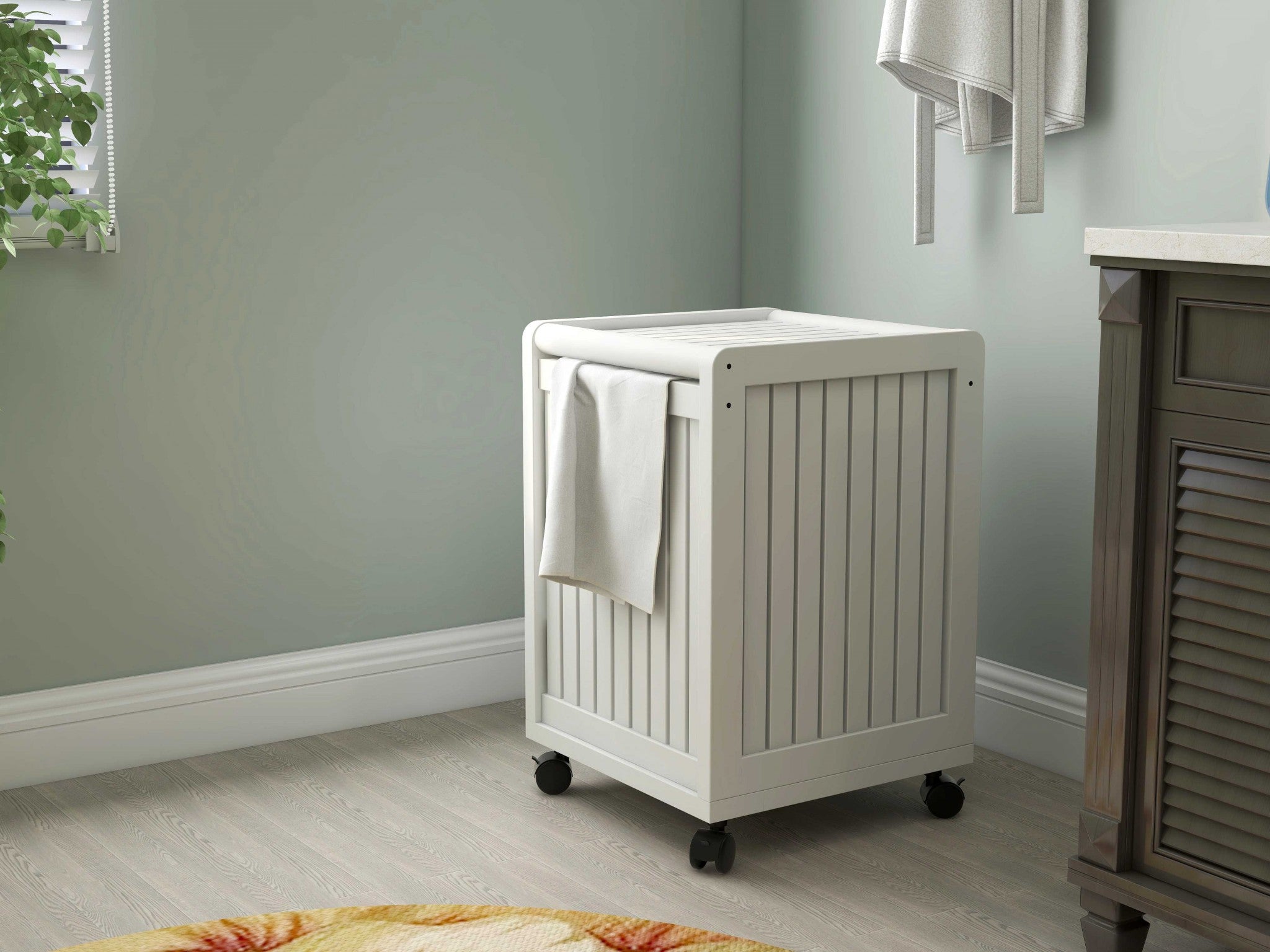 White Solid Wood Rolling Laundry Hamper With Lid