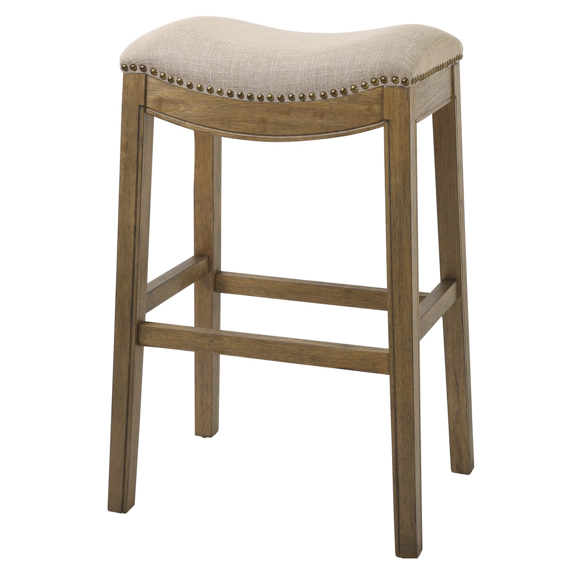 Bar Height Saddle Style Counter Stool With Cream Fabric And Nail Head Trim