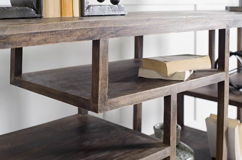 Solid Mango Wood Finish Console Table With Multi Level Shelf