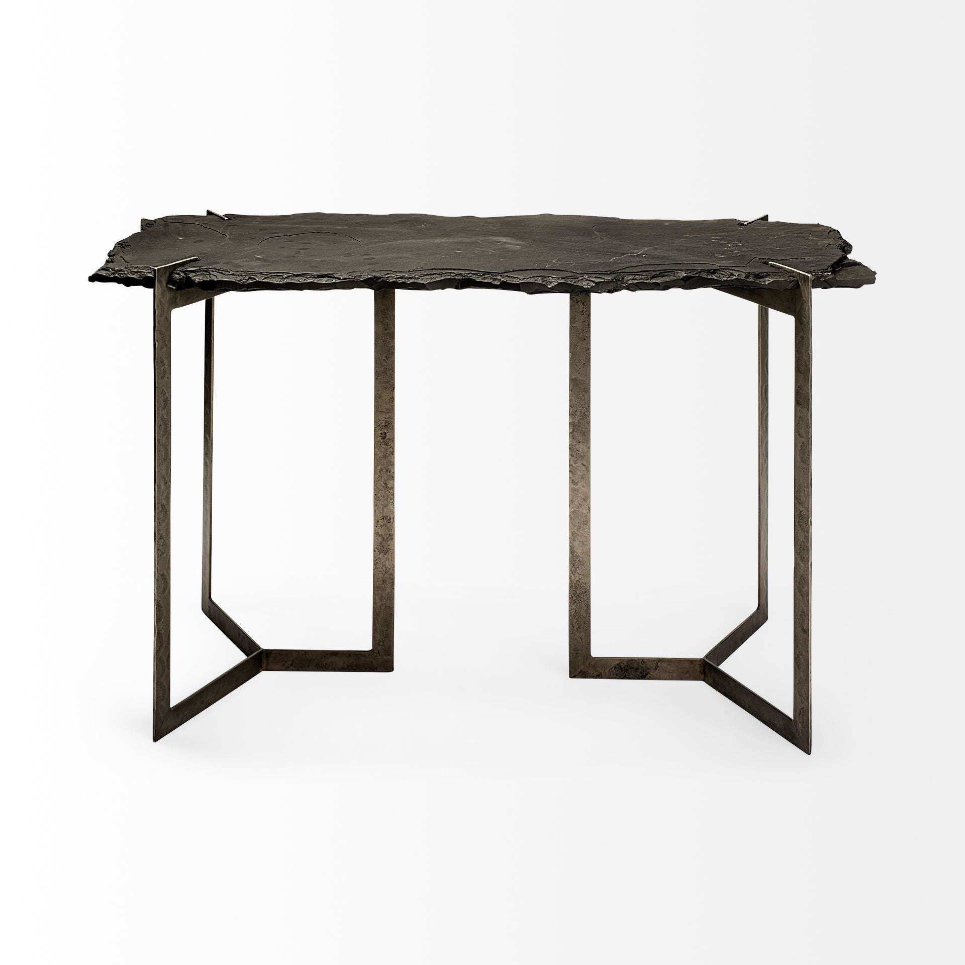 Rectangular Black Live Edge Slate Console Table With Double Pedestal Base