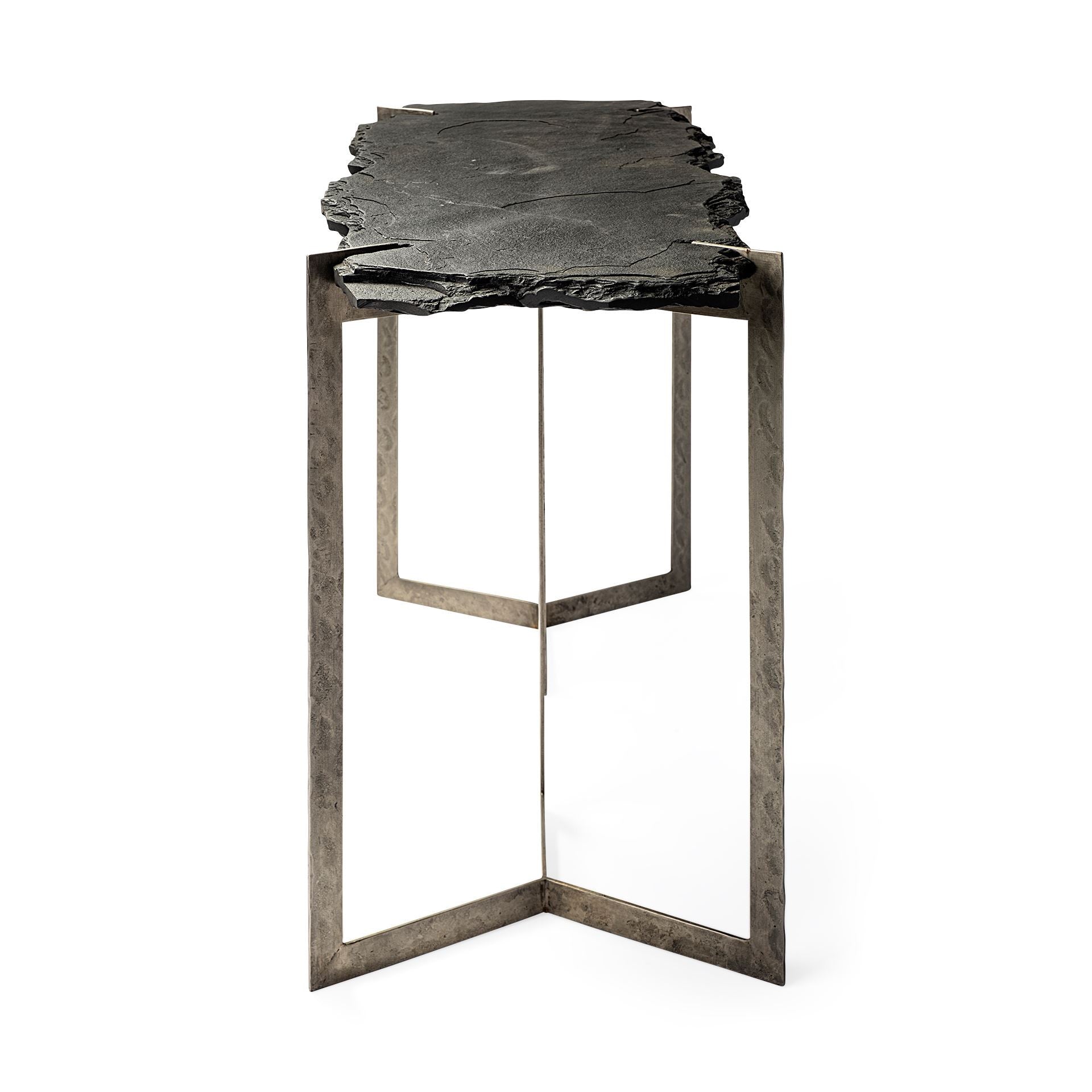 Rectangular Black Live Edge Slate Console Table With Double Pedestal Base