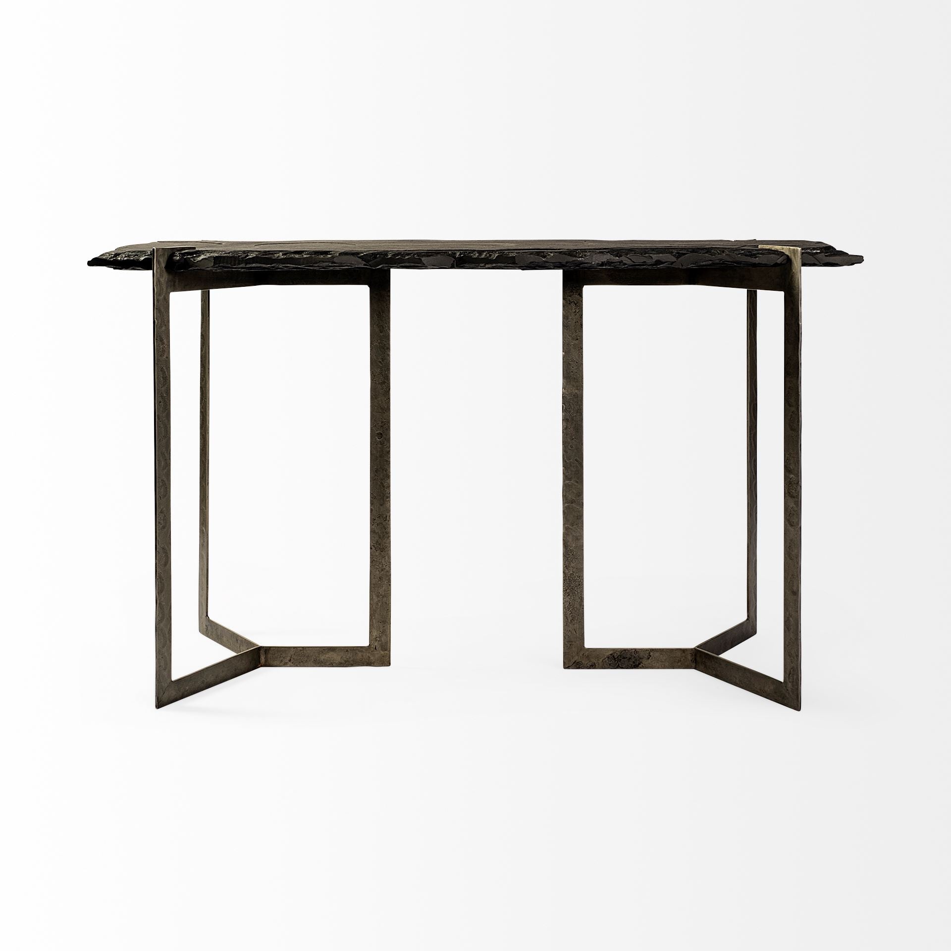 Rectangular Black Live Edge Slate Console Table With Double Pedestal Base