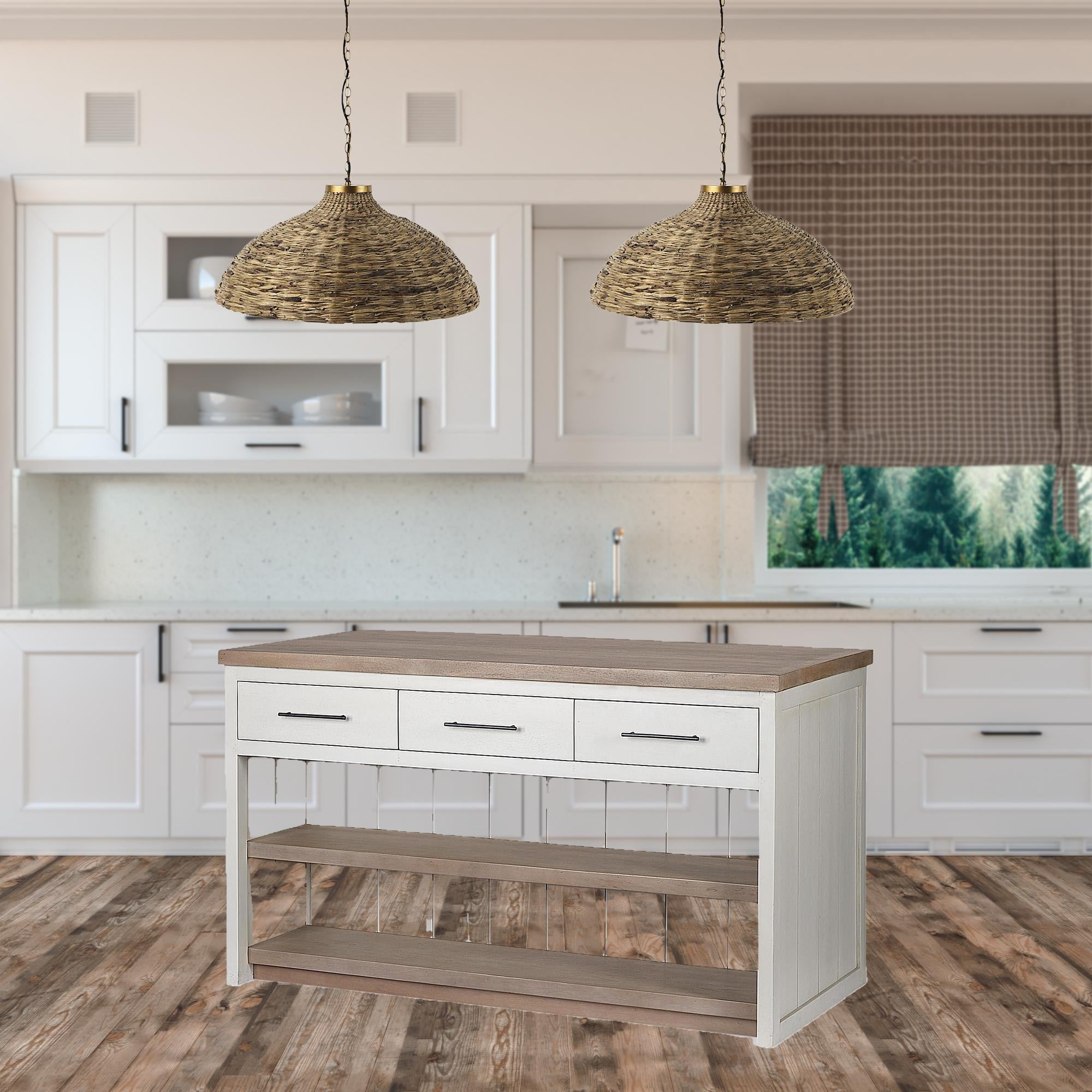 White And Brown Two Tone Wooden Kitchen Island With 3 Drawers