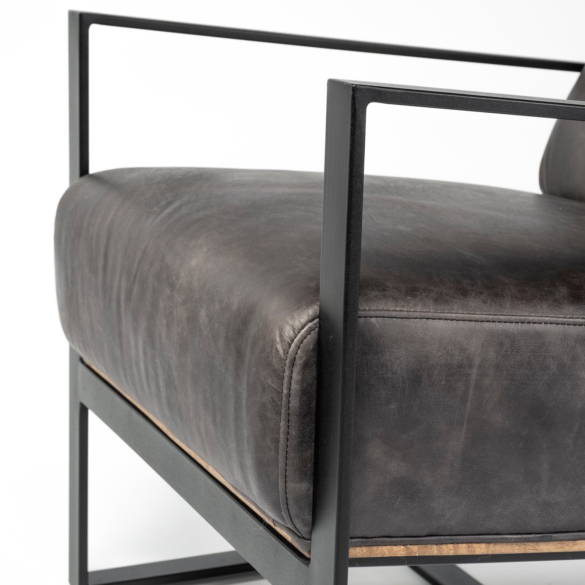 Ebony Genuine Leather Wrapped Accent Chair With Metal Frame