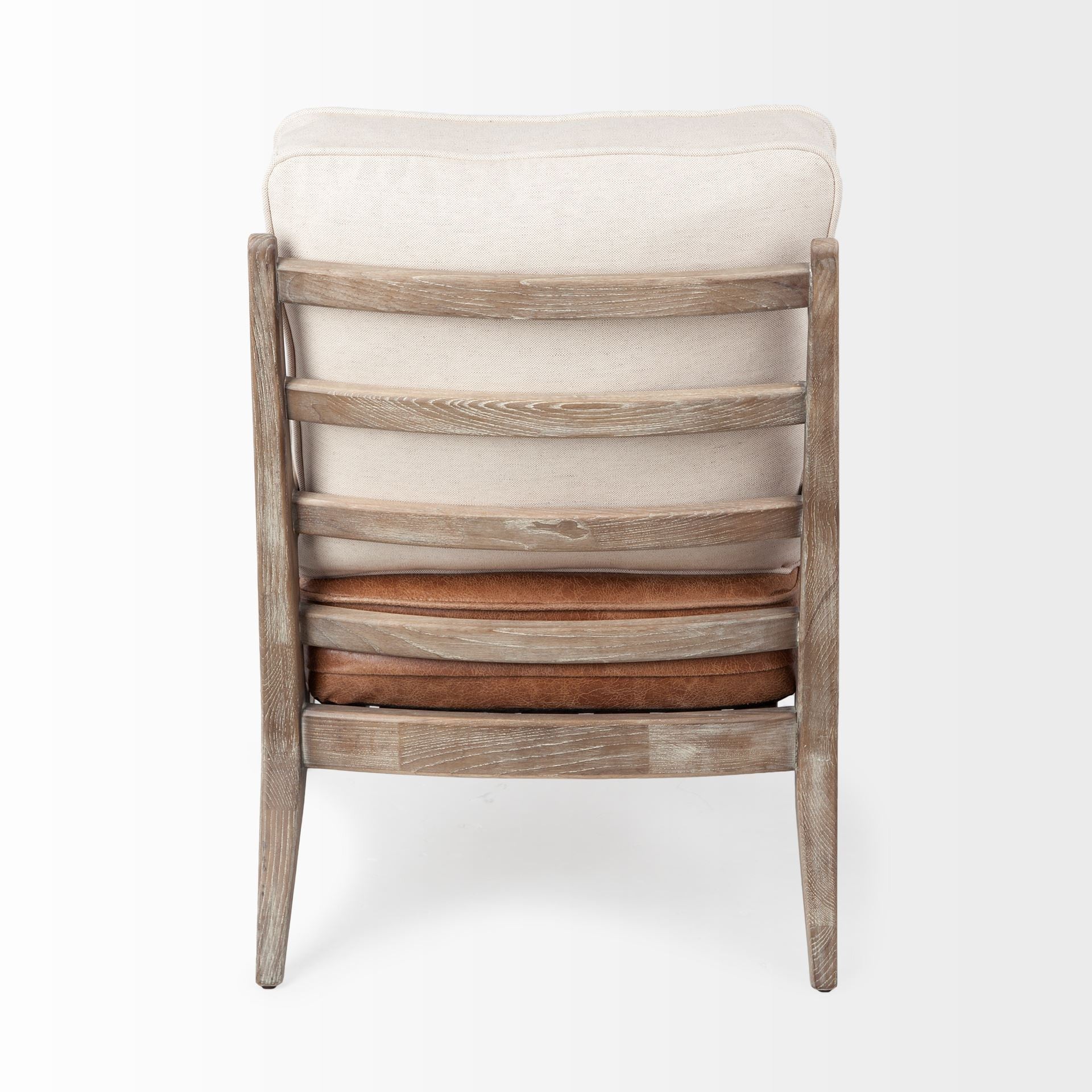 Brown Leather Seat Accent Chair With Off White Fabric