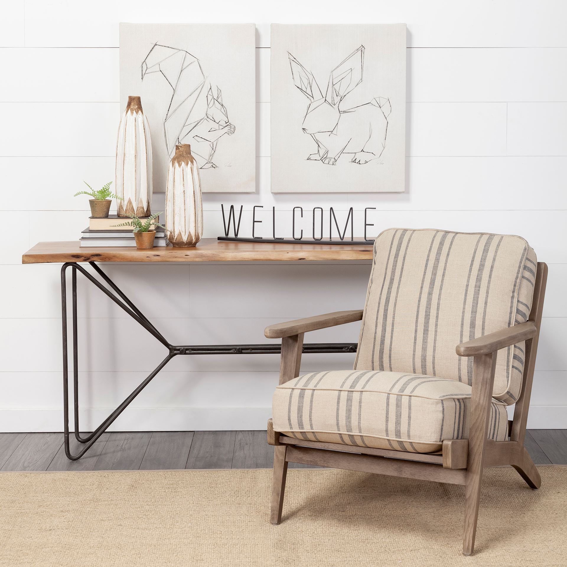 Striped Light Brown Fabric Wrapped Accent Chair With Wooden Frame