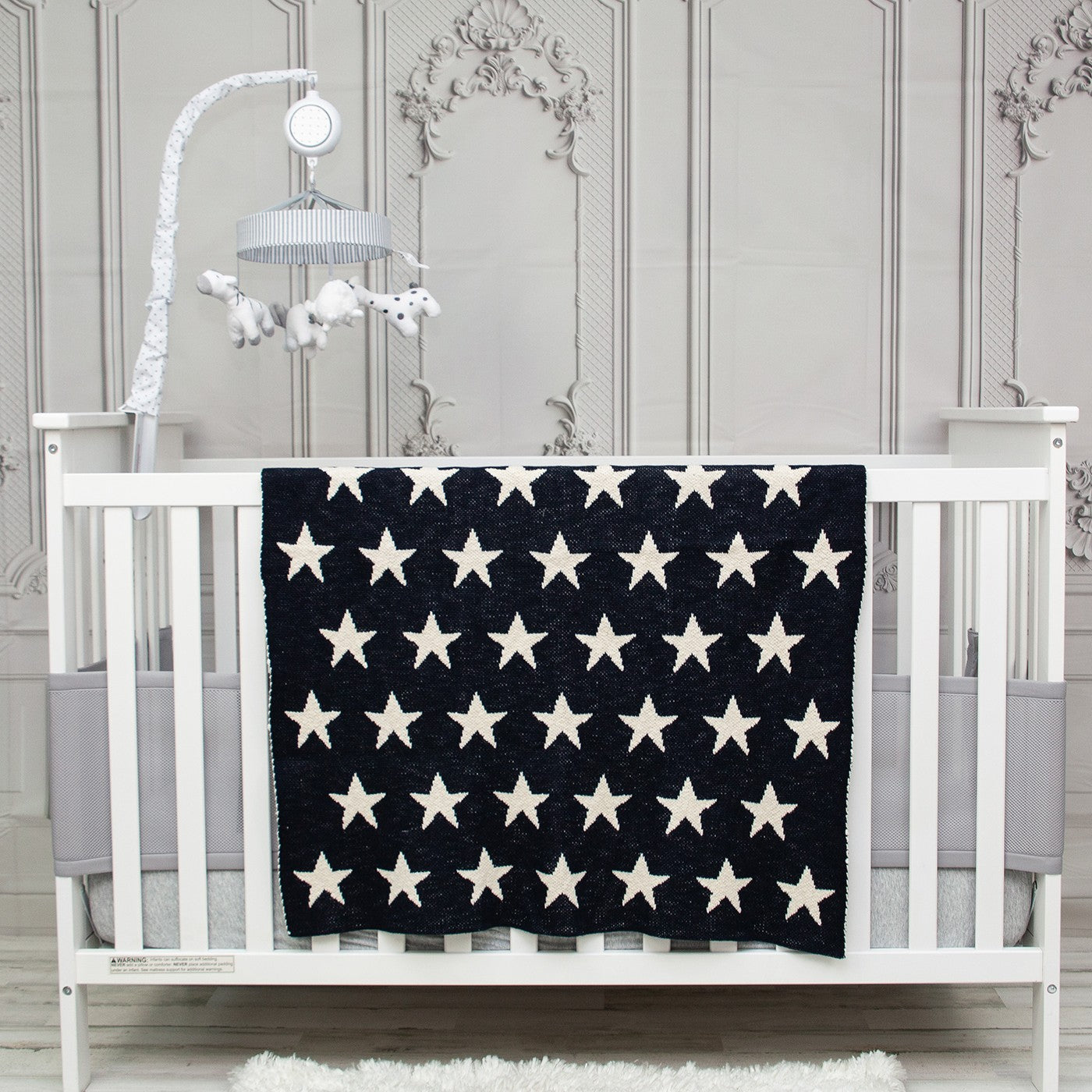 Navy Blue And White Stars Knitted Baby Blanket