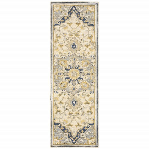 3'X8' Blue And Ivory Bohemian Runner Rug