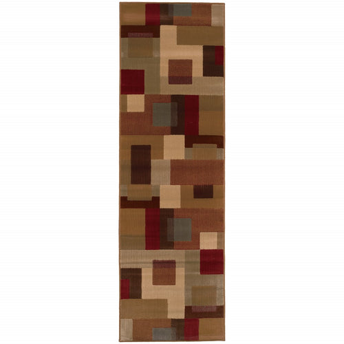 3'X8' Red And Tan Geometric Runner Rug