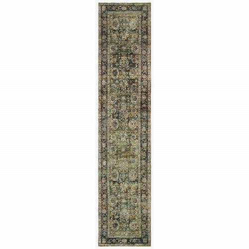 3'X12' Green And Brown Floral Runner Rug