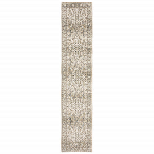 3'X12' Beige And Ivory Medallion Runner Rug