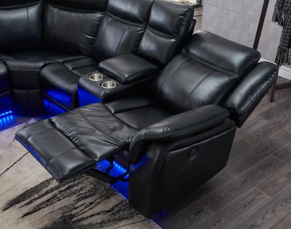 Black Faux Leather Power Reclining L Shaped Three Piece Corner Sectional