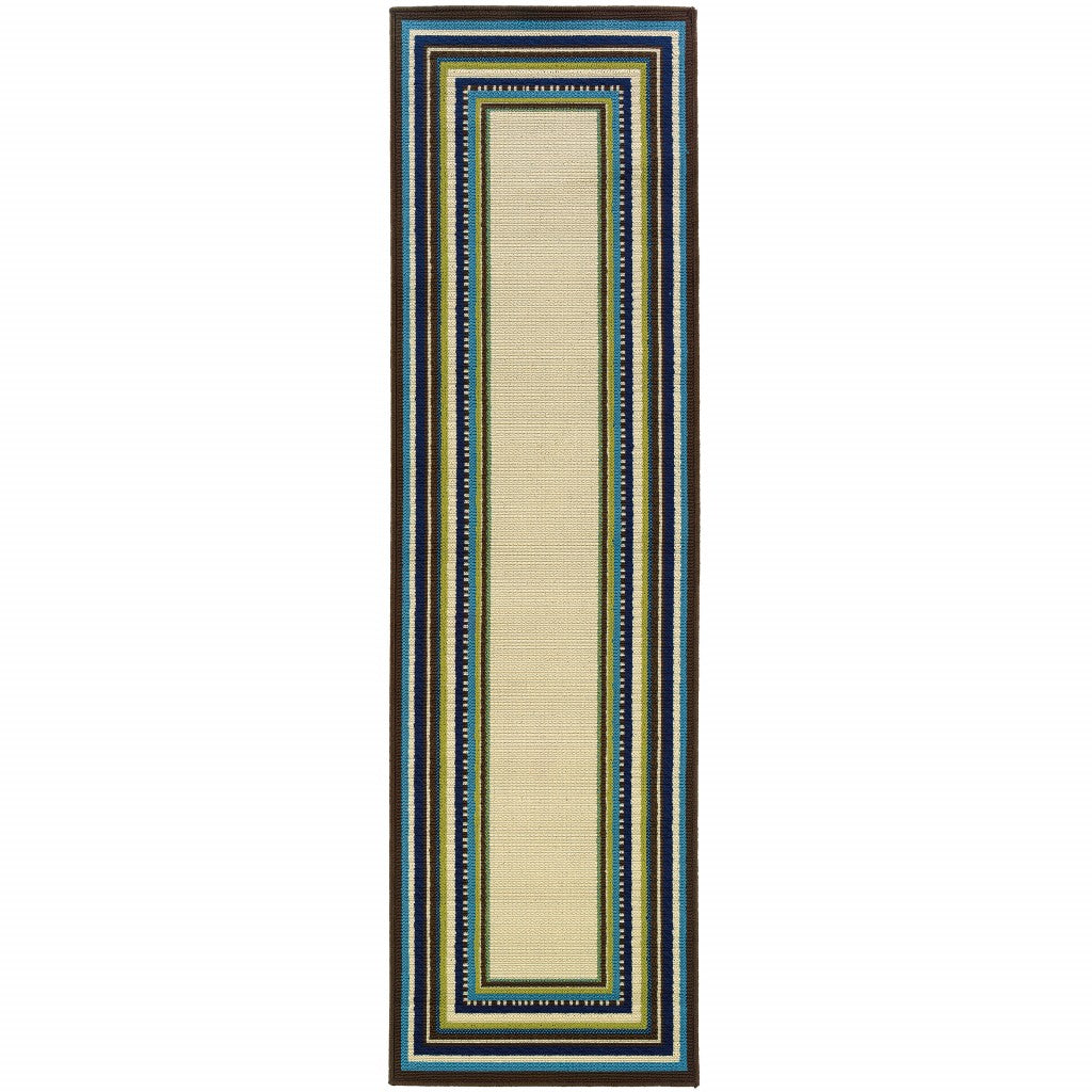 2' x 3' Ivory and Blue Striped Indoor Outdoor Area Rug