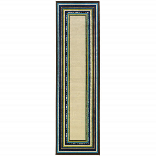 2' x 3' Ivory and Blue Striped Indoor Outdoor Area Rug