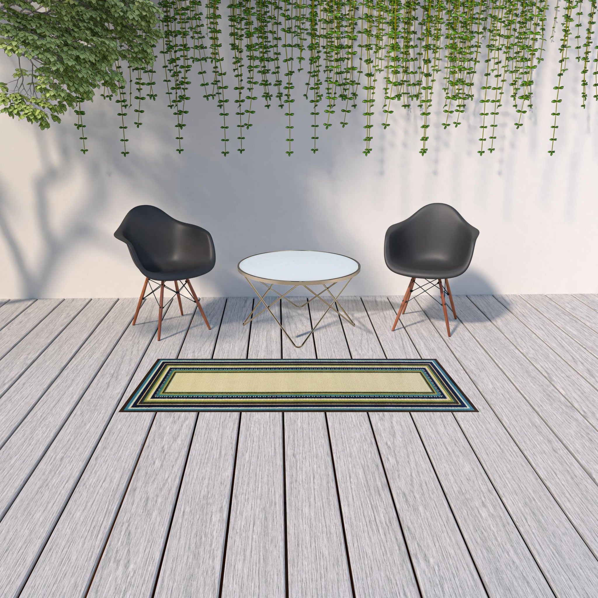 2' x 3' Ivory and Blue Striped Indoor Outdoor Area Rug