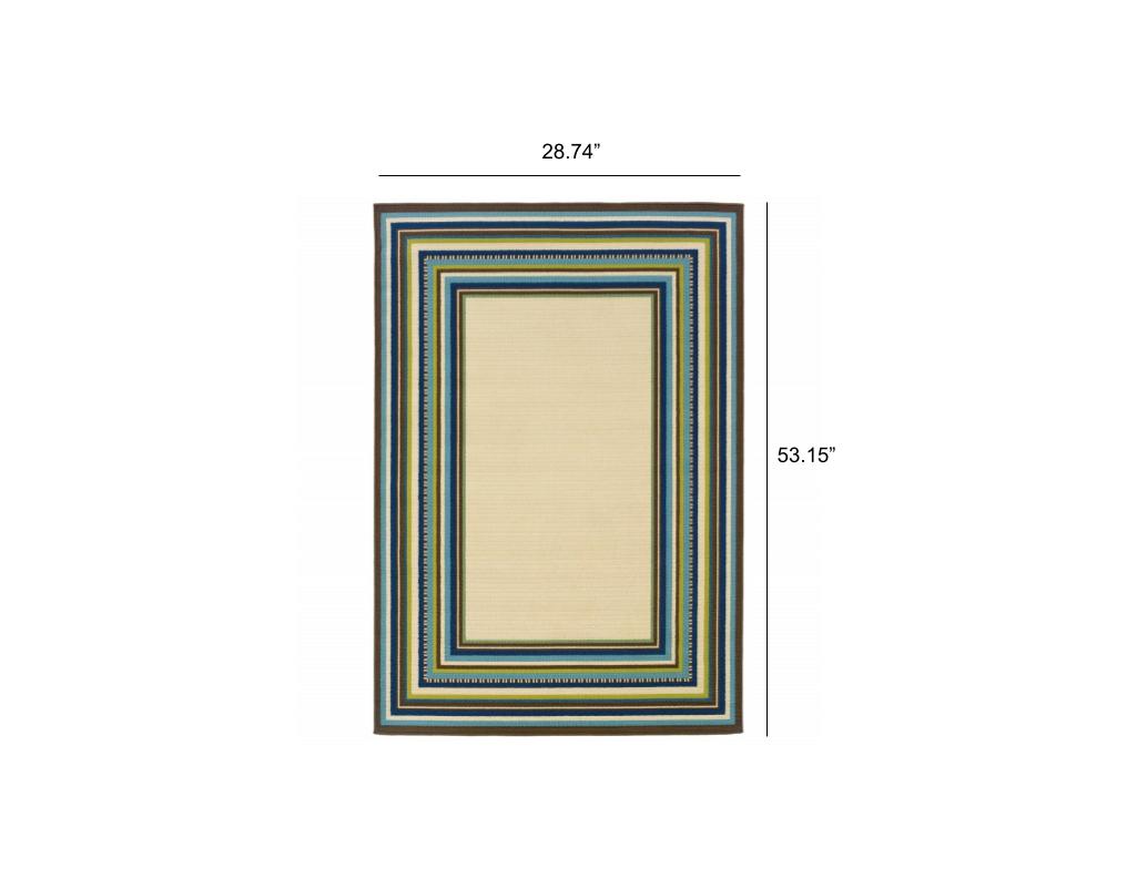 2' x 3' Ivory and Blue Striped Indoor Outdoor Area Rug