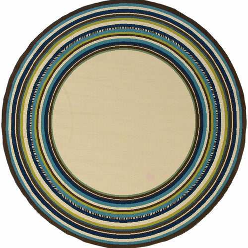 Ivory and Blue Round Striped Indoor Outdoor Area Rug