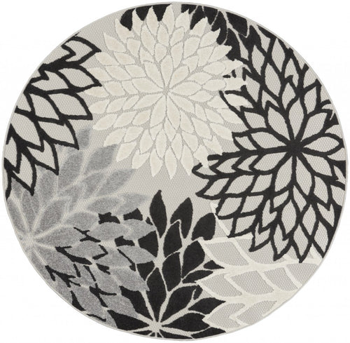 4' Round Black And White Round Floral Indoor Outdoor Area Rug