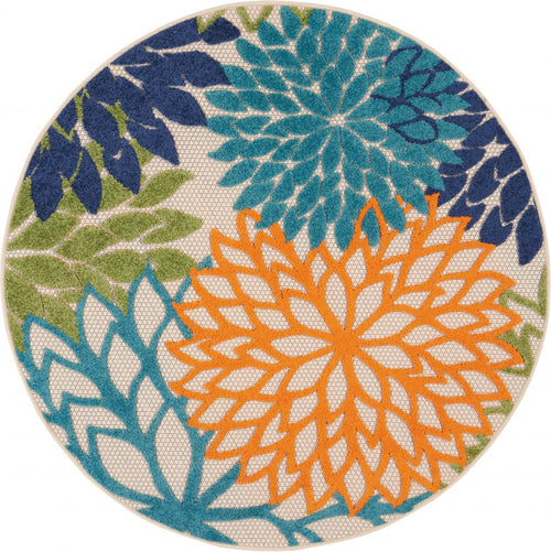 4' Round Ivory And Blue Round Floral Indoor Outdoor Area Rug