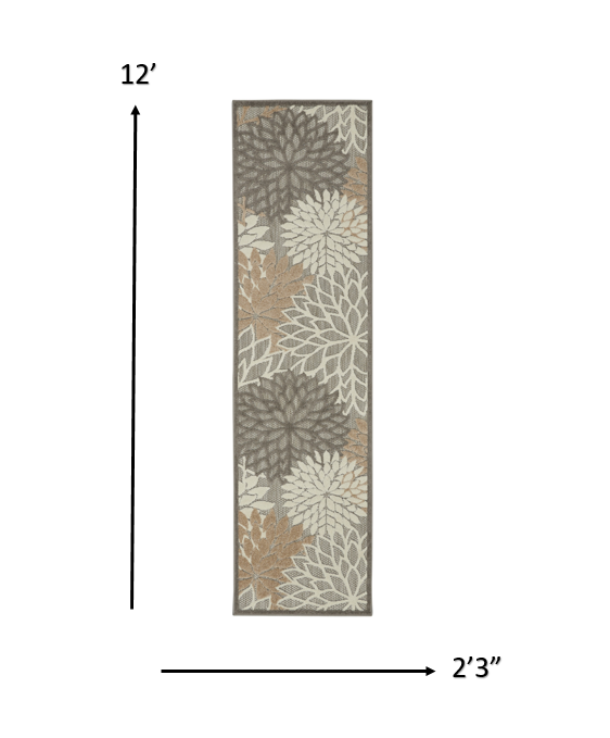 2' X 10' Gray And Ivory Floral Indoor Outdoor Area Rug