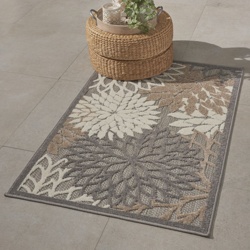 3' X 4' Gray And Ivory Floral Indoor Outdoor Area Rug