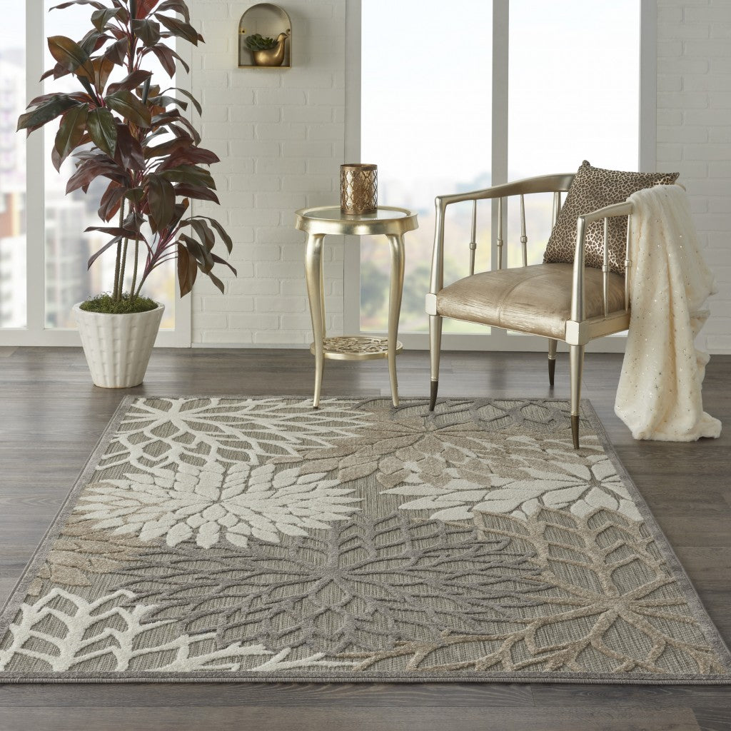 4' X 6' Gray And Ivory Floral Indoor Outdoor Area Rug