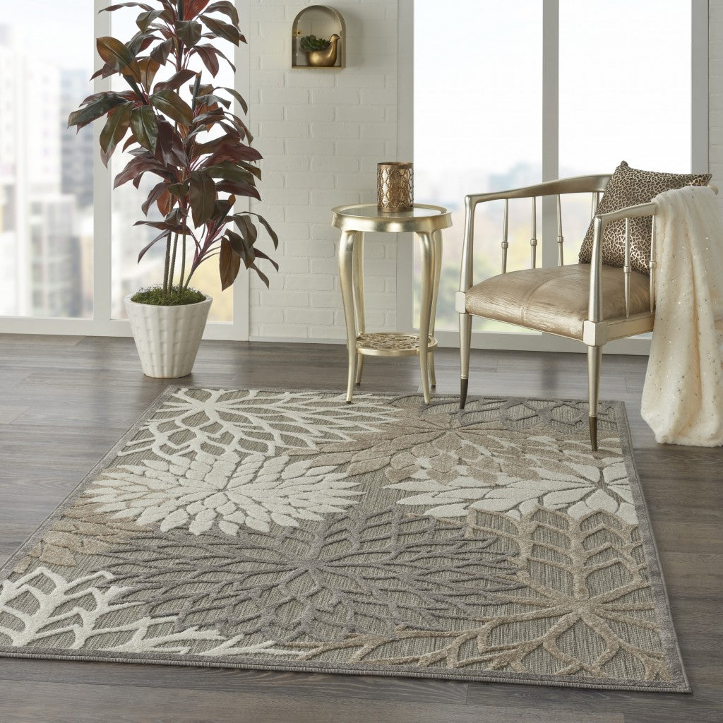 4' X 6' Gray And Ivory Floral Indoor Outdoor Area Rug