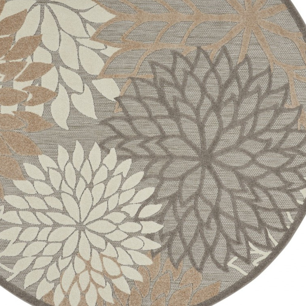 4' Round Gray And Ivory Round Floral Indoor Outdoor Area Rug