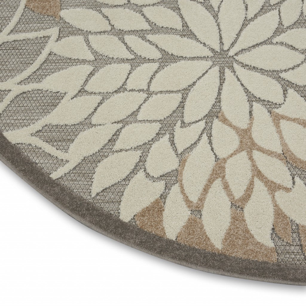 4' Round Gray And Ivory Round Floral Indoor Outdoor Area Rug