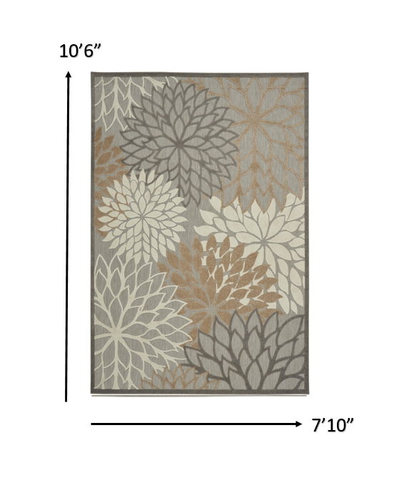 8' X 11' Gray And Ivory Floral Indoor Outdoor Area Rug