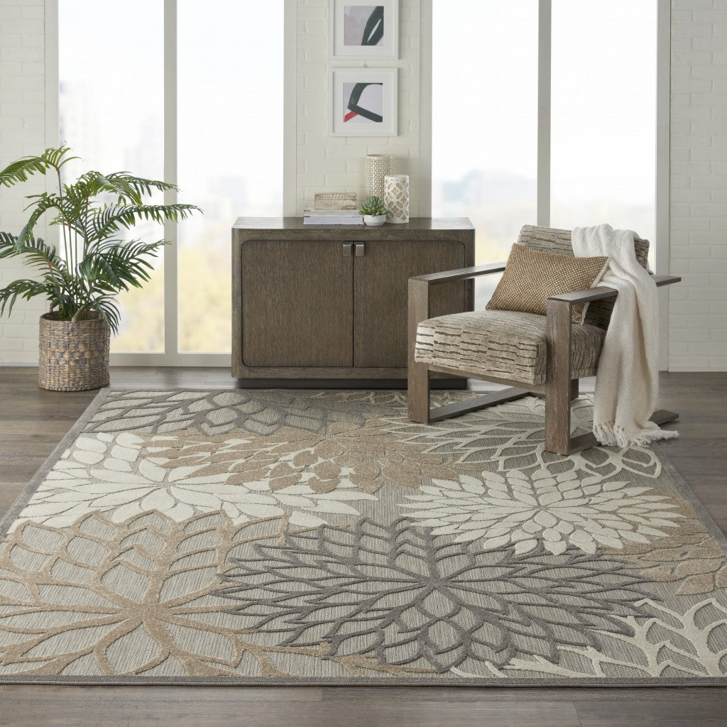 8' X 11' Gray And Ivory Floral Indoor Outdoor Area Rug