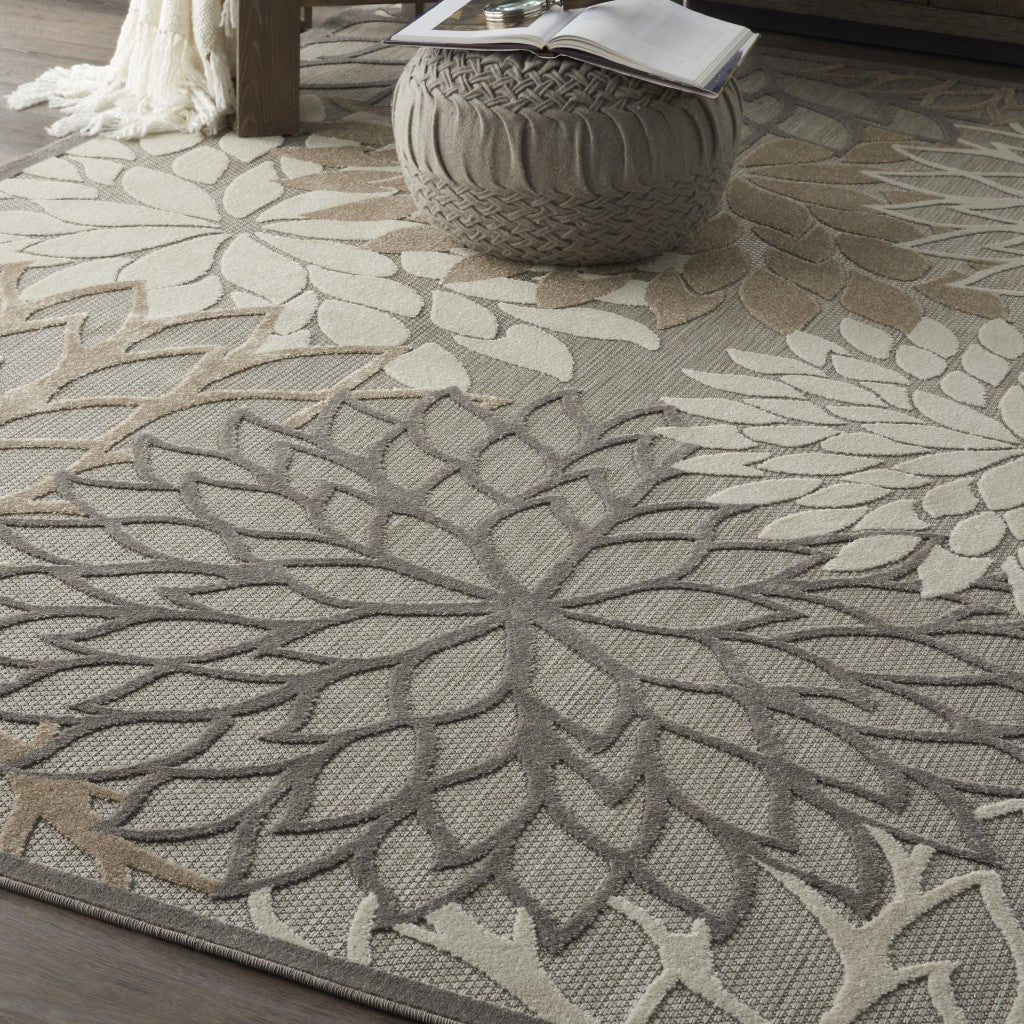 8' X 11' Gray And Ivory Floral Indoor Outdoor Area Rug